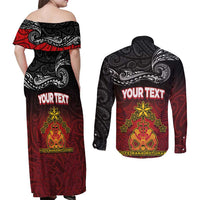Personalised Maori King Movement Couples Matching Off Shoulder Maxi Dress and Long Sleeve Button Shirt Ko Te Mana Motuhake Emblem with Silver Ferns and Polynesian Art Tattoo LT03 - Polynesian Pride