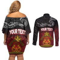 Personalised Maori King Movement Couples Matching Off Shoulder Short Dress and Long Sleeve Button Shirt Ko Te Mana Motuhake Emblem with Silver Ferns and Polynesian Art Tattoo LT03 - Polynesian Pride