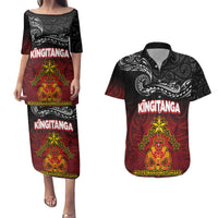 Personalised Maori King Movement Couples Matching Puletasi and Hawaiian Shirt Ko Te Mana Motuhake Emblem with Silver Ferns and Polynesian Art Tattoo LT03 Red - Polynesian Pride