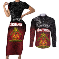 Personalised Maori King Movement Couples Matching Short Sleeve Bodycon Dress and Long Sleeve Button Shirt Ko Te Mana Motuhake Emblem with Silver Ferns and Polynesian Art Tattoo LT03 Red - Polynesian Pride
