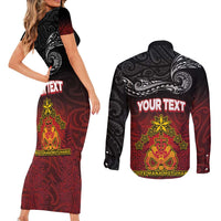 Personalised Maori King Movement Couples Matching Short Sleeve Bodycon Dress and Long Sleeve Button Shirt Ko Te Mana Motuhake Emblem with Silver Ferns and Polynesian Art Tattoo LT03 - Polynesian Pride