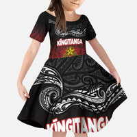 Personalised Maori King Movement Family Matching Puletasi and Hawaiian Shirt Ko Te Mana Motuhake Emblem with Silver Ferns and Polynesian Art Tattoo LT03 Daughter's Dress Red - Polynesian Pride