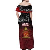 Personalised Maori King Movement Off Shoulder Maxi Dress Ko Te Mana Motuhake Emblem with Silver Ferns and Polynesian Art Tattoo LT03 - Polynesian Pride