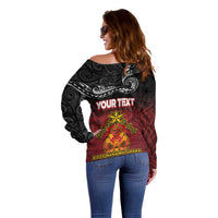Personalised Maori King Movement Off Shoulder Sweater Ko Te Mana Motuhake Emblem with Silver Ferns and Polynesian Art Tattoo LT03 - Polynesian Pride