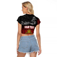 Personalised Maori King Movement Raglan Cropped T Shirt Ko Te Mana Motuhake Emblem with Silver Ferns and Polynesian Art Tattoo LT03 - Polynesian Pride