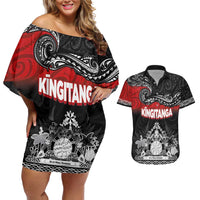 Personalised Maori King Movement Couples Matching Off Shoulder Short Dress and Hawaiian Shirt Te Paki-o-Matariki with Silver Ferns and Polynesian Art Tattoo LT03 Red - Polynesian Pride