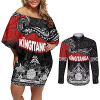 Personalised Maori King Movement Couples Matching Off Shoulder Short Dress and Long Sleeve Button Shirt Te Paki-o-Matariki with Silver Ferns and Polynesian Art Tattoo LT03 Red - Polynesian Pride
