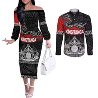 Personalised Maori King Movement Couples Matching Off The Shoulder Long Sleeve Dress and Long Sleeve Button Shirt Te Paki-o-Matariki with Silver Ferns and Polynesian Art Tattoo LT03 Red - Polynesian Pride
