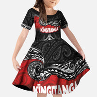 Personalised Maori King Movement Family Matching Off Shoulder Maxi Dress and Hawaiian Shirt Te Paki-o-Matariki with Silver Ferns and Polynesian Art Tattoo LT03 Daughter's Dress Red - Polynesian Pride