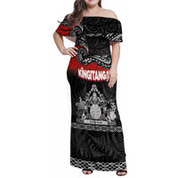 Personalised Maori King Movement Family Matching Off Shoulder Maxi Dress and Hawaiian Shirt Te Paki-o-Matariki with Silver Ferns and Polynesian Art Tattoo LT03 Mom's Dress Red - Polynesian Pride