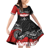 Personalised Maori King Movement Family Matching Off Shoulder Short Dress and Hawaiian Shirt Te Paki-o-Matariki with Silver Ferns and Polynesian Art Tattoo LT03 Daughter's Dress Red - Polynesian Pride