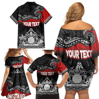 Personalised Maori King Movement Family Matching Off Shoulder Short Dress and Hawaiian Shirt Te Paki-o-Matariki with Silver Ferns and Polynesian Art Tattoo LT03 - Polynesian Pride