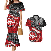 Maori Kotahitanga Couples Matching Mermaid Dress and Hawaiian Shirt Aotearoa Spirit with Maori Mask and Polynesian Art Tattoo LT03 Red - Polynesian Pride