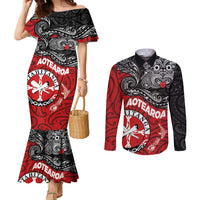 Maori Kotahitanga Couples Matching Mermaid Dress and Long Sleeve Button Shirt Aotearoa Spirit with Maori Mask and Polynesian Art Tattoo LT03 Red - Polynesian Pride