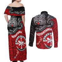 Maori Kotahitanga Couples Matching Off Shoulder Maxi Dress and Long Sleeve Button Shirt Aotearoa Spirit with Maori Mask and Polynesian Art Tattoo LT03 - Polynesian Pride