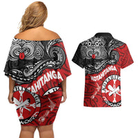 Maori Kotahitanga Couples Matching Off Shoulder Short Dress and Hawaiian Shirt Aotearoa Spirit with Maori Mask and Polynesian Art Tattoo LT03 - Polynesian Pride