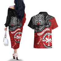 Maori Kotahitanga Couples Matching Off The Shoulder Long Sleeve Dress and Hawaiian Shirt Aotearoa Spirit with Maori Mask and Polynesian Art Tattoo LT03 - Polynesian Pride