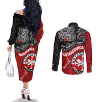Maori Kotahitanga Couples Matching Off The Shoulder Long Sleeve Dress and Long Sleeve Button Shirt Aotearoa Spirit with Maori Mask and Polynesian Art Tattoo LT03 - Polynesian Pride