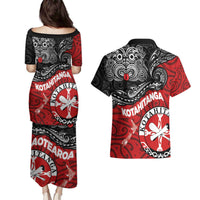 Maori Kotahitanga Couples Matching Puletasi and Hawaiian Shirt Aotearoa Spirit with Maori Mask and Polynesian Art Tattoo LT03 - Polynesian Pride