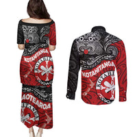 Maori Kotahitanga Couples Matching Puletasi and Long Sleeve Button Shirt Aotearoa Spirit with Maori Mask and Polynesian Art Tattoo LT03 - Polynesian Pride