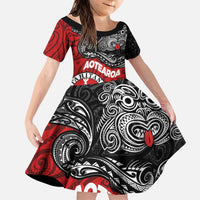 Maori Kotahitanga Family Matching Puletasi and Hawaiian Shirt Aotearoa Spirit with Maori Mask and Polynesian Art Tattoo LT03 Daughter's Dress Red - Polynesian Pride