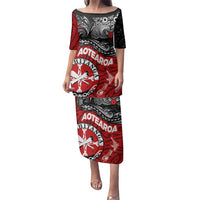 Maori Kotahitanga Family Matching Puletasi and Hawaiian Shirt Aotearoa Spirit with Maori Mask and Polynesian Art Tattoo LT03 Mom's Dress Red - Polynesian Pride