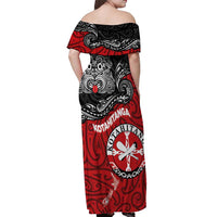 Maori Kotahitanga Off Shoulder Maxi Dress Aotearoa Spirit with Maori Mask and Polynesian Art Tattoo LT03 - Polynesian Pride