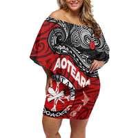 Maori Kotahitanga Off Shoulder Short Dress Aotearoa Spirit with Maori Mask and Polynesian Art Tattoo LT03 Women Red - Polynesian Pride
