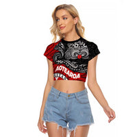 Maori Kotahitanga Raglan Cropped T Shirt Aotearoa Spirit with Maori Mask and Polynesian Art Tattoo LT03 Female Red - Polynesian Pride