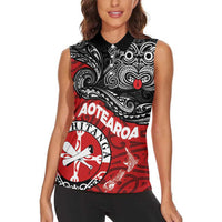 Maori Kotahitanga Women Sleeveless Polo Shirt Aotearoa Spirit with Maori Mask and Polynesian Art Tattoo LT03 - Polynesian Pride