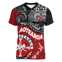 Maori Kotahitanga Women V-Neck T-Shirt Aotearoa Spirit with Maori Mask and Polynesian Art Tattoo LT03 Female Red - Polynesian Pride