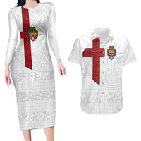 Custom Tonga Ngatu Art Rugby Mate Ma'a Couples Matching Long Sleeve Bodycon Dress and Hawaiian Shirt LT03 White - Polynesian Pride