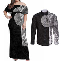 Samoan Tatau Couples Matching Off Shoulder Maxi Dress and Long Sleeve Button Shirt Art Tribal Traditional Tattoos LT03 Black - Polynesian Pride