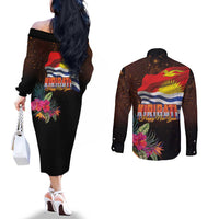Kiribati Flag and Fireworks Couples Matching Off The Shoulder Long Sleeve Dress and Long Sleeve Button Shirt First Place Welcome the New Year LT03 - Polynesian Pride