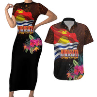 Kiribati Flag and Fireworks Couples Matching Short Sleeve Bodycon Dress and Hawaiian Shirt First Place Welcome the New Year LT03 Black - Polynesian Pride