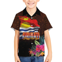 Kiribati Flag and Fireworks Family Matching Off Shoulder Short Dress and Hawaiian Shirt First Place Welcome the New Year LT03 Son's Shirt Black - Polynesian Pride