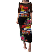 Kiribati Flag and Fireworks Family Matching Puletasi and Hawaiian Shirt First Place Welcome the New Year LT03 Mom's Dress Black - Polynesian Pride