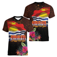 Kiribati Flag and Fireworks Women V-Neck T-Shirt First Place Welcome the New Year LT03 - Polynesian Pride
