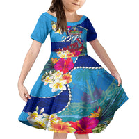 Personalised Haiti 220th Anniversary Independence Day Family Matching Long Sleeve Bodycon Dress and Hawaiian Shirt Ayiti Flower with Polynesian Pattern LT03 Daughter's Dress Blue - Polynesian Pride