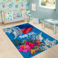 Personalised Haiti Coat Of Arms Area Rug Repiblik d Ayiti Tropical Flower Blue Polynesian Pattern LT03 - Polynesian Pride