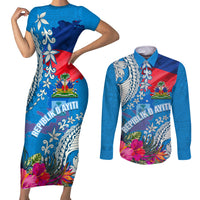 Personalised Haiti Coat Of Arms Couples Matching Short Sleeve Bodycon Dress and Long Sleeve Button Shirt Repiblik d Ayiti Tropical Flower Blue Polynesian Pattern LT03 Blue - Polynesian Pride