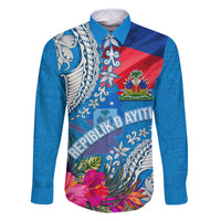 Personalised Haiti Coat Of Arms Family Matching Tank Maxi Dress and Hawaiian Shirt Repiblik d Ayiti Tropical Flower Blue Polynesian Pattern LT03 Dad's Shirt - Long Sleeve Blue - Polynesian Pride