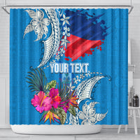 Personalised Haiti Coat Of Arms Shower Curtain Repiblik d Ayiti Tropical Flower Blue Polynesian Pattern LT03 - Polynesian Pride