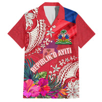 Personalised Haiti Coat Of Arms Family Matching Long Sleeve Bodycon Dress and Hawaiian Shirt Repiblik d Ayiti Tropical Flower Red Polynesian Pattern LT03 Dad's Shirt - Short Sleeve Red - Polynesian Pride
