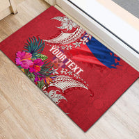 Personalised Haiti Coat Of Arms Rubber Doormat Repiblik d Ayiti Tropical Flower Red Polynesian Pattern LT03 - Polynesian Pride