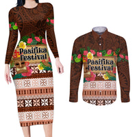 Pasifika Festival Auckland Couples Matching Long Sleeve Bodycon Dress and Long Sleeve Button Shirt Polynesian Tribal with Pacific Pattern Brown Color LT03 Brown - Polynesian Pride