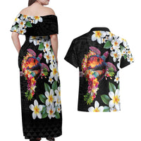 Hawaiian Lei Day Couples Matching Off Shoulder Maxi Dress and Hawaiian Shirt Plumeria and Turtle with Polynesian Tribal Pattern