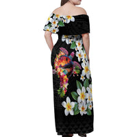 Hawaiian Lei Day Family Matching Off Shoulder Maxi Dress and Hawaiian Shirt Plumeria and Turtle with Polynesian Tribal Pattern LT03 - Polynesian Pride