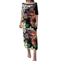 Hawaiian Lei Day Family Matching Puletasi and Hawaiian Shirt Plumeria and Turtle with Polynesian Tribal Pattern LT03 Mom's Dress Black - Polynesian Pride