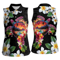 Hawaiian Lei Day Women Sleeveless Polo Shirt Plumeria and Turtle with Polynesian Tribal Pattern LT03 - Polynesian Pride